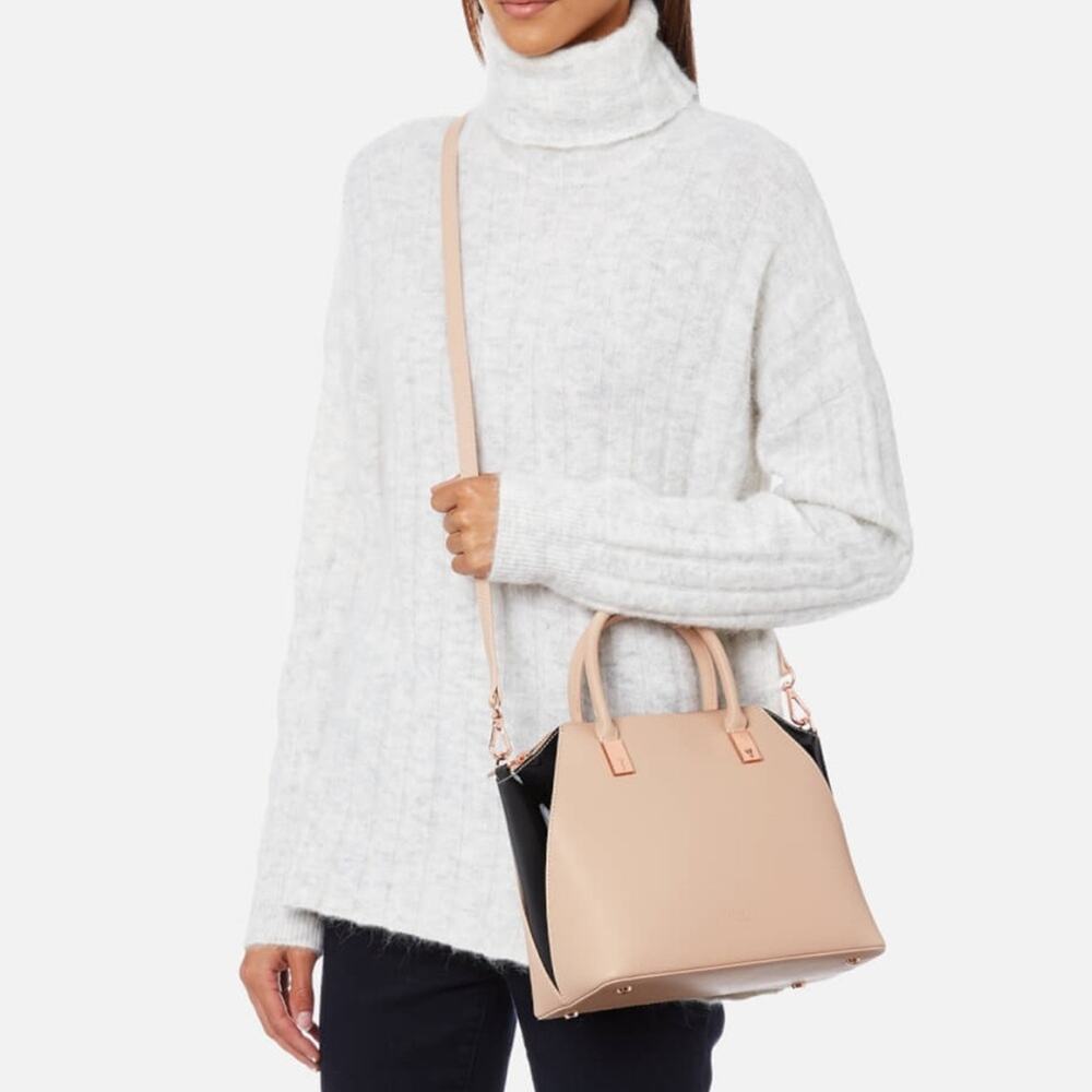 TED BAKER Women's Ashlee Small Leather Tote Bag Camel - Blush Pink/Black Patent - Picture 2 of 9
